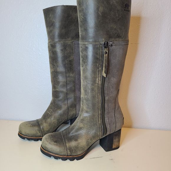 Sorel Women Boots NL2301 Addington Distressed Taupe Gray Leather Tall Heel Sz 7 - Picture 5 of 12